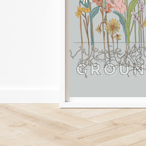 Grounded illustrated boho flowers print on grey background