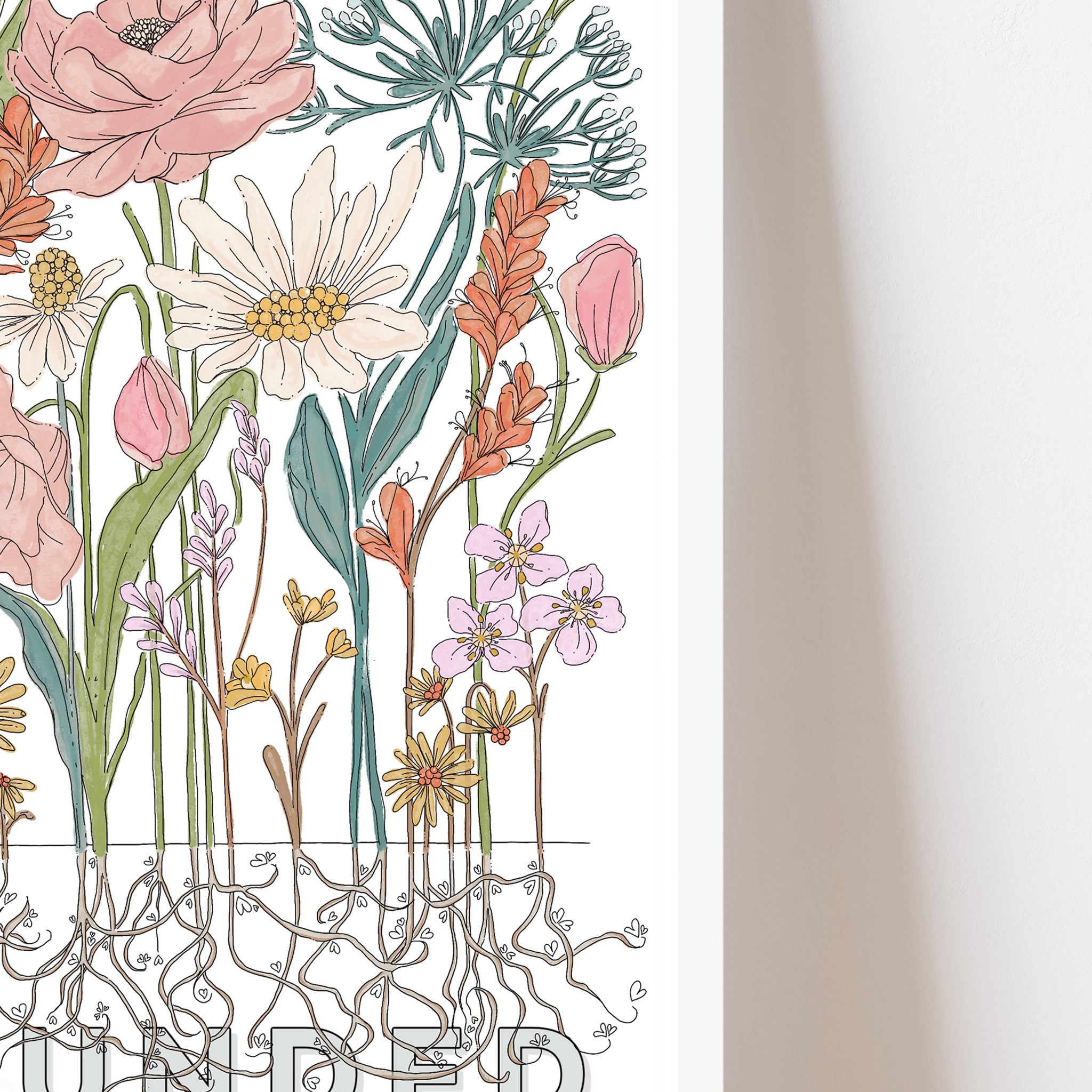 Grounded illustrated boho flowers print on white background