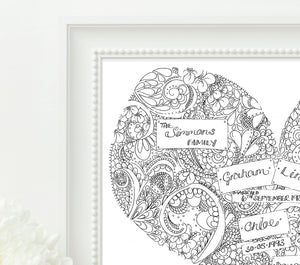 Personalised Black and White Family Doodle Heart Print