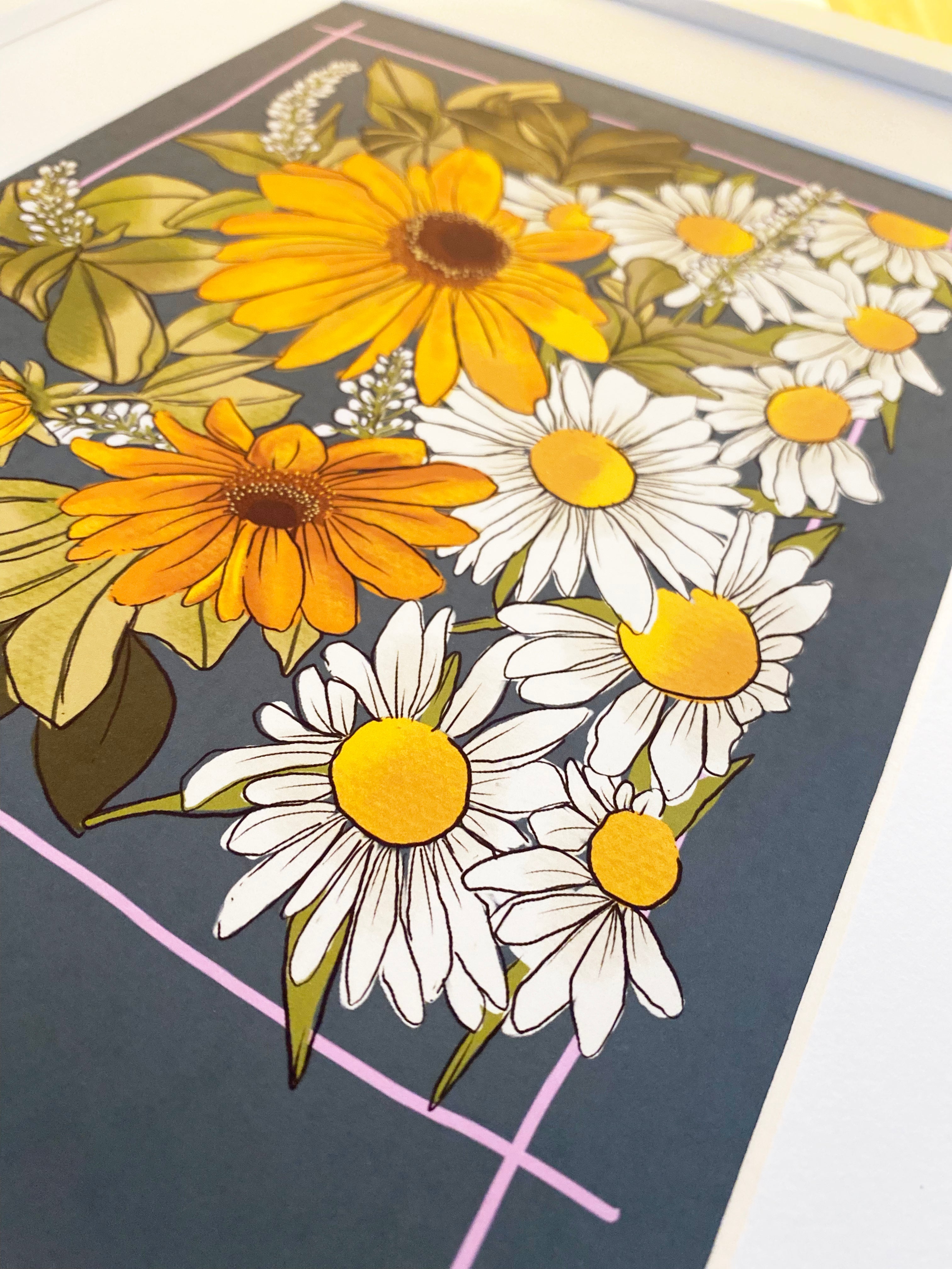 Rudbeckia, daisies and gooseneck floral print
