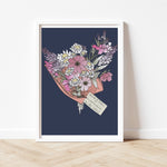 Load image into Gallery viewer, Personalised Bouquet of flowers Print - Navy background
